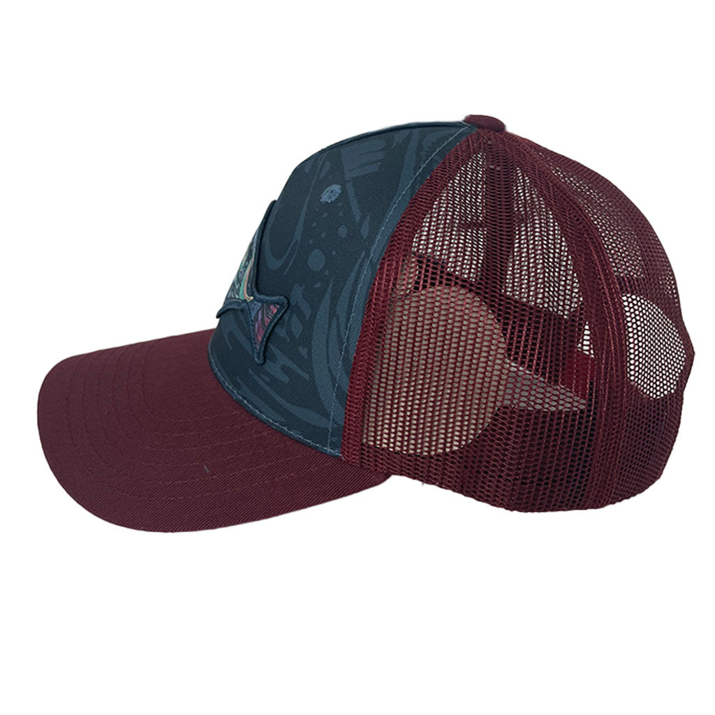 HaliBorealis Trucker Hat featuring a Halibut fish patch and a maroon brim. 
