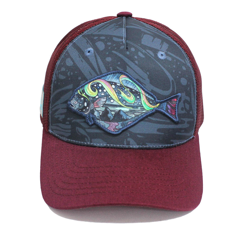 HaliBorealis Trucker Hat featuring a Halibut fish patch and a maroon brim. 