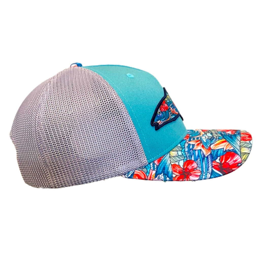 Right side profile of the Beauty and the Bonefish Trucker Hat, showing the mesh back.