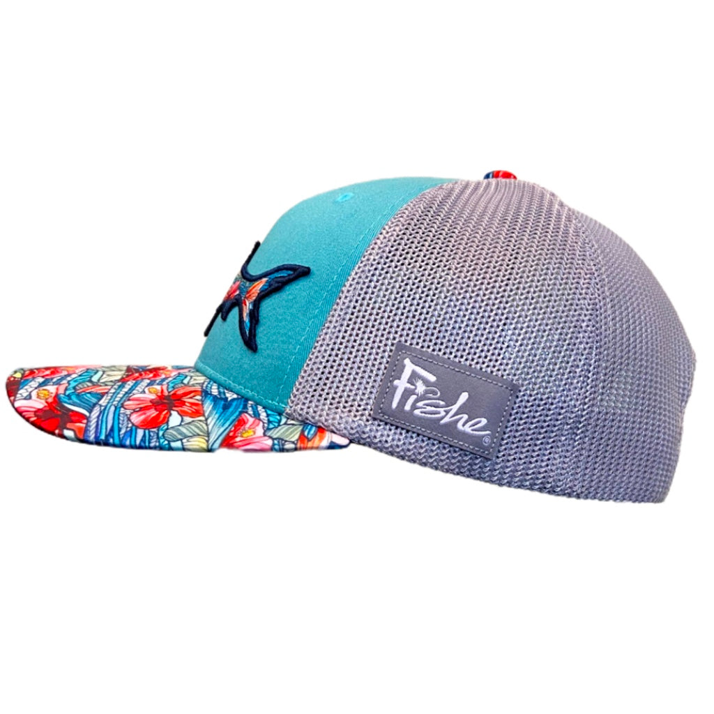 Front View of the Beauty and the Bonefish trucker hat. Printed brim, aqua hat, bonefish patch.