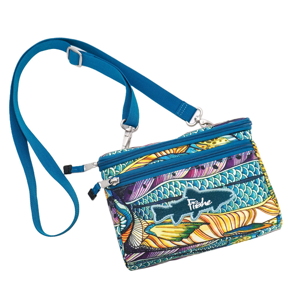 A crossbody bag with Fishe Kaliedo King pattern, two zipped sections, a shoulder strap and a fish patch on the front.