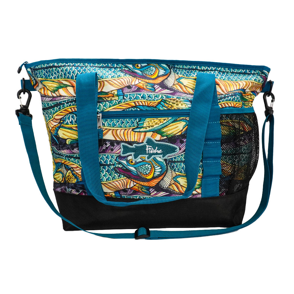 Fishe Kaleido King weekender bag with should strap and two handle straps. Front zipped pocket and a Fishe logo patch.