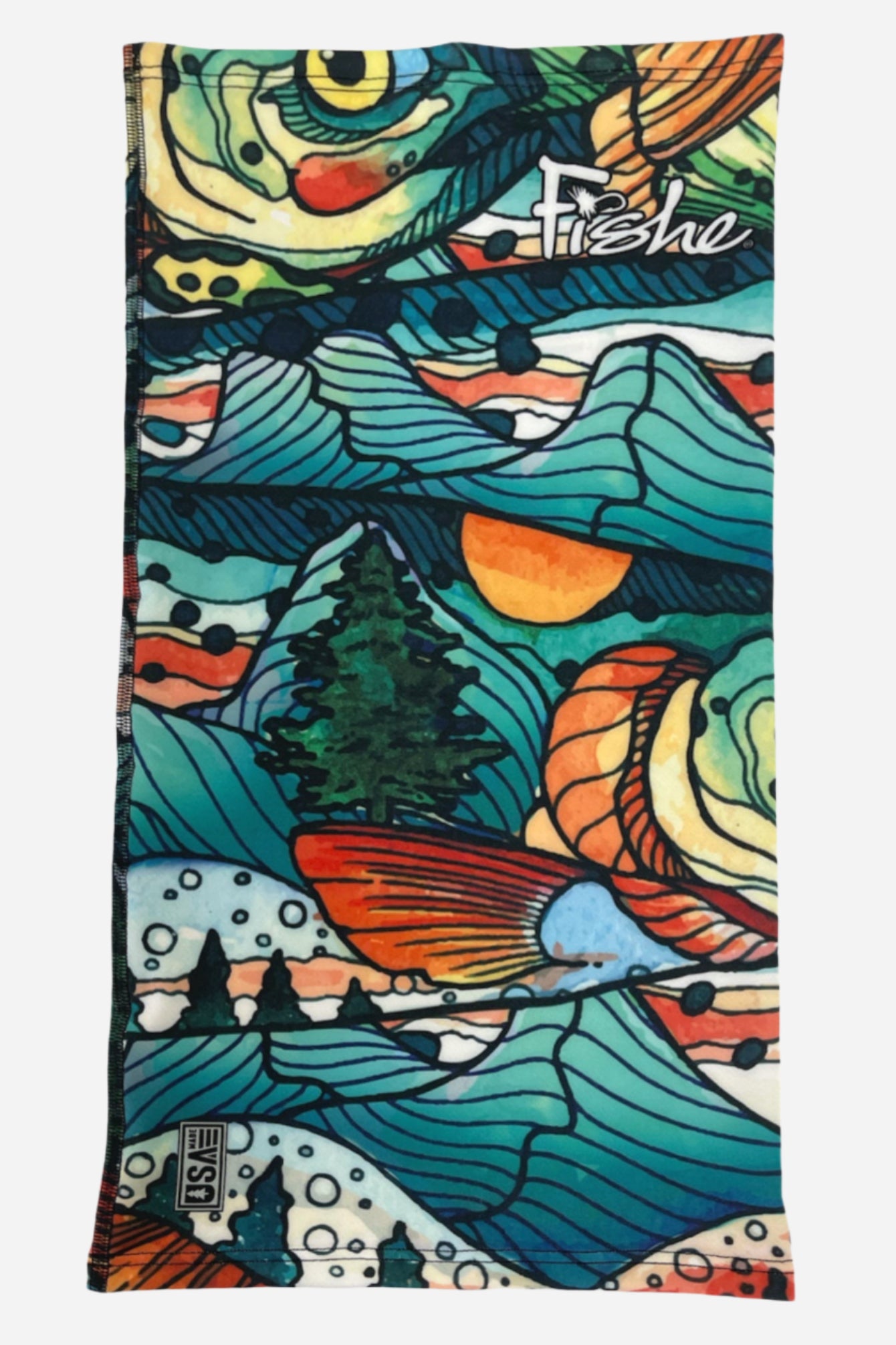 Colorful towel with nature-themed design featuring trees, animals, and abstract patterns on a white background.