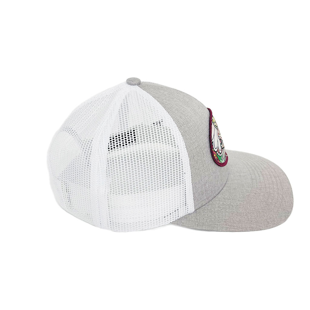 REDtro Salmon trucker hat side view, with grey front and white mesh back