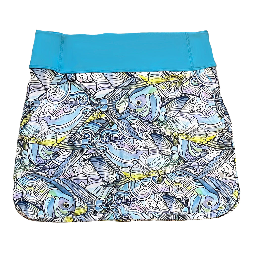 Skort featuring the Permit Paradise design with a blue high waist band