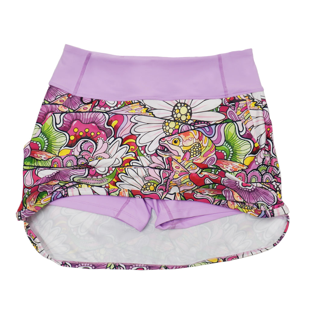 Skort featuring the REDtro Salmon design with a pink high waist band with a peek of the pink shorts underneath